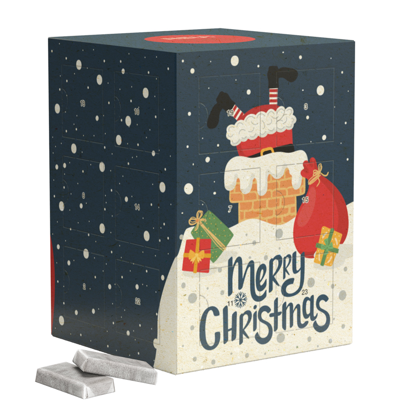 Tower Adventskalender, Graspapier, Alpenmilch-Schokotäfelchen in Pergaminpapier