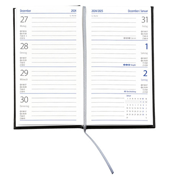 Taschenkalender "Klassik" im Format 8,7 x 15,3 cm, deutsches Kalendarium Grau/Blau mit Leseband, 128 Seiten Fadenheftung, Einband Magic hellbraun