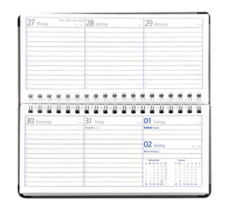 Taschenkalender "Horizontal" im Format 17 x 8 cm, deutsches Kalendarium Grau/Blau, 144 Seiten, Wire-O-Bindung, Eckenperforation, Deckelpaar Magic mittelblau