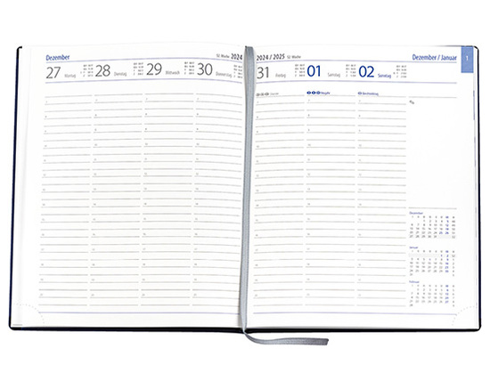 Wochenkalender "Manager D" im Format 21 x 26 cm, deutsches Kalendarium Grau/Blau mit Leseband, 144 Seiten Fadenheftung, Eckenperforation, Einband Slinky mittelblau