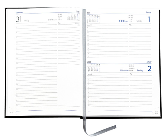 Buchkalender "Trend Chefkalender D" im Format 14,5 x 20,5 cm, deutsches Kalendarium Grau/Blau mit Leseband, 352 Seiten Fadenheftung, Eckenperforation, Einband Slinky schwarz