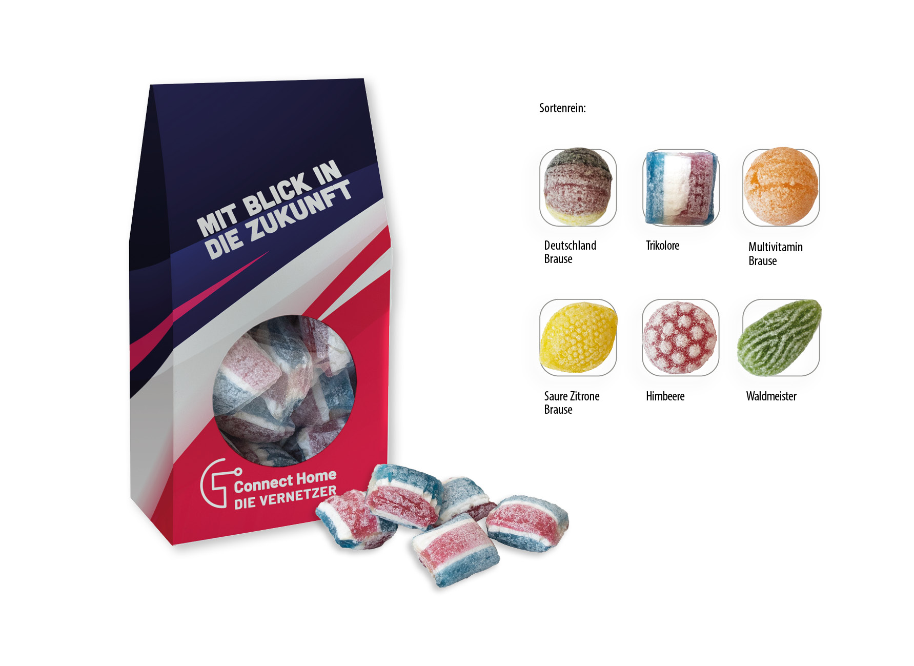 Beutelschachtel mit Bonbons, Inhalt: Multivitamin Brause