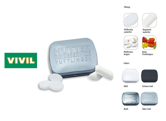 Klapp-Dose-59 geprägt, Inhalt: Kaugummi Dragees zuckerfrei (Dose) ca. 20 g