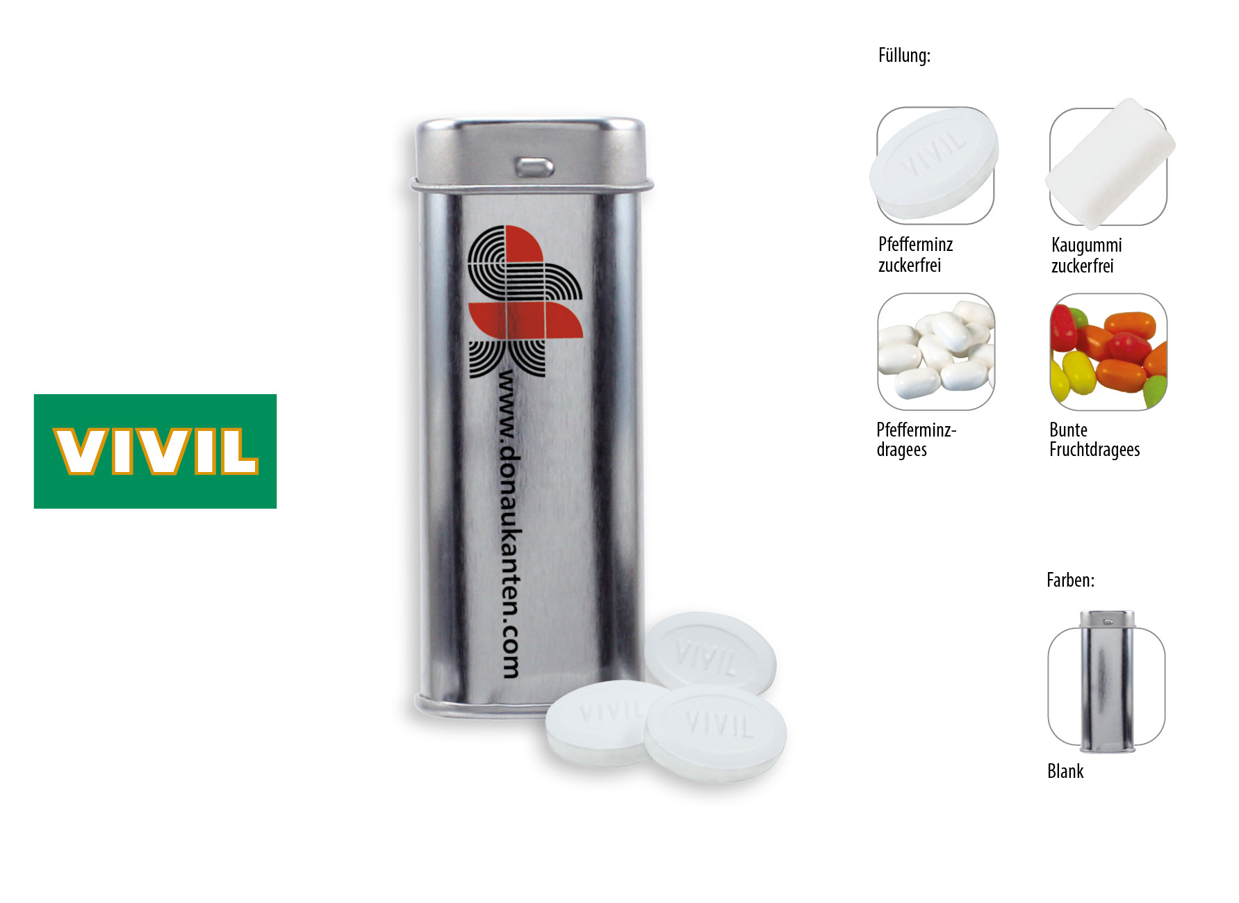 Pocket Box, Inhalt: Kaugummi Dragees zuckerfrei (Dose) ca. 20 g