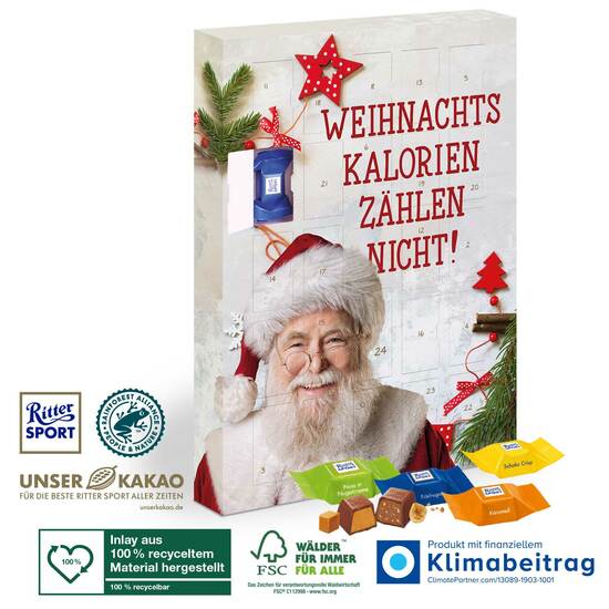 Adventskalender mit Ritter SPORT Schokowürfel, Inlay aus 100% recyceltem Material